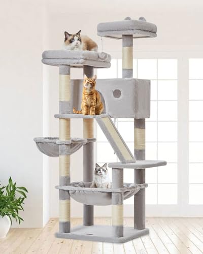 Taoqimiao Cat Tree 57.5-Inch, Cat Tower for Indoor Cats Large Adult, Extra Large Cat Condo, 8 Sisal Scratching Posts, Metal Frame Cozy Hammock, Durable Scratch Board, 2 Top Perches, Light Gray MS026W - color: Light Gray, size: 57.5 Inches