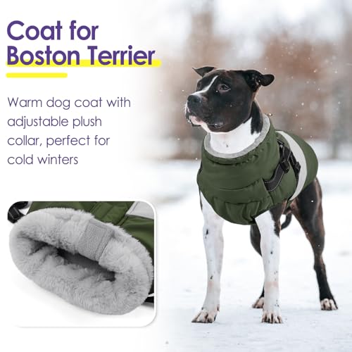 Small Dog Coat with Harness Built in, Warm Dog Jacket Winter with Zipper On Back, Waterproof Pet Snow Jacket Snowsuit Pet Sweater Clothes for Puppy, Army Green XS - color: Army Green, size: X-Small