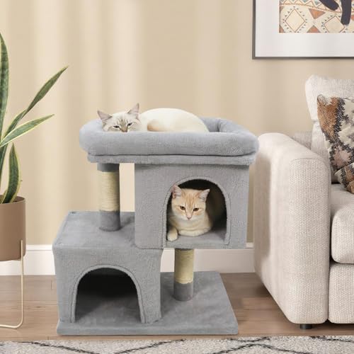 Tangkula Small Cat Tree for Indoor Cats, 25.5 Inch Cat Tower with Sisal Scratching Posts, 2 Large Cat Condos with Padded Top Perch, Modern Cat Climbing Furniture for Adult Cats & Kittens (Light Gray) - color: Light Gray