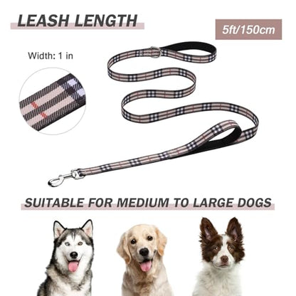 Hikiko Double Handle Dog Leash Cute Girl 5 Foot Padded Traffic Handles for Walking Training (Beige Plaid, 5ft) - color: Beige Plaid, size: 1 in x 5 ft