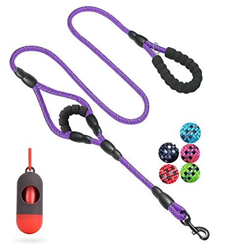 JSXD 5 FT Heavy Duty Double Handle Dog Leash with Comfortable Padded and Reflective Rope, for Small, Medium, Large Dogs (Rope-Purple) - color: Rope-Purple