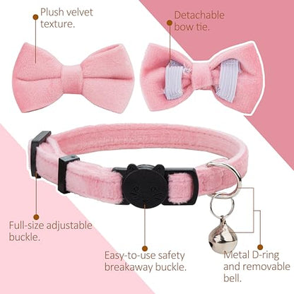 Cat Collar with Bow Tie 2pcs Set Bell Boy Girl Kitten Safety Plaid Grid Checkered Solid Color Suede Velvet Cute Soft Fluffy Gift B-[2pcs] Pink - color: Style B-[2pcs] Pink