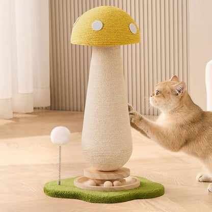 Mushroom Cat Scratching Post Cat Tree, 21.5‘’ H Cute Cat Scratcher Tower with Durable Solid Wood Turntable Toy, Lemon Yellow Mushroom Scratch Post Cat Sisal Scratcher with Catnip for Indoor Cats - color: Yellow Mushroom