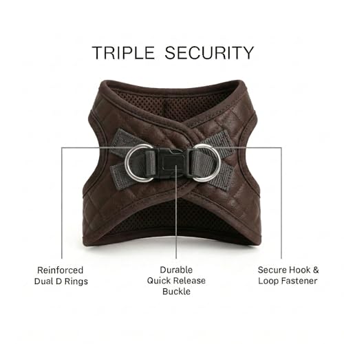 Step in Dog Cat Harness Lightweight Breathable Mesh Soft Padded Pet Vest Vegan Leather Choke Free Escape Proof for Small Medium Dogs (Chocolate Brown, Small) - color: Chocolate Brown, size: Small: Neck=9.4-11.4''/Chest=14.5-17''
