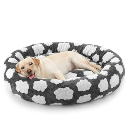 JOEJOY Donut Large Dog Bed, Cute Round Calming Dog Bed with Removable Washable Cover, Orthopedic Pet Beds with Jacquard Shaggy Plush & Non Skid Bottom, Black - color: Grey, size: L (36x36x10)