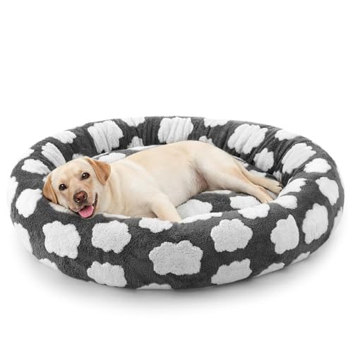 JOEJOY Donut Large Dog Bed, Cute Round Calming Dog Bed with Removable Washable Cover, Orthopedic Pet Beds with Jacquard Shaggy Plush & Non Skid Bottom, Black - color: Grey, size: L (36x36x10)