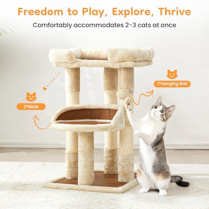 Multi-Level Cat Tower with Scratching Posts, Cat Tree with Double Cat Bed & Hanging Toys, Cute Climbing Tower with Sisal Scratcher for Kittens & Adult Cats, Cream White - color: Cream White