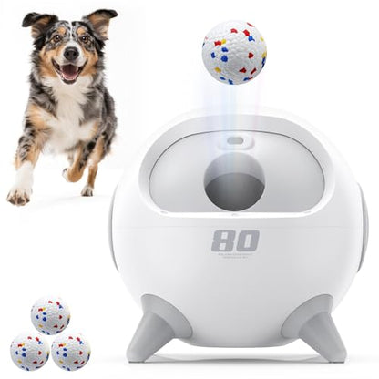 uahpet Automatic Ball Launcher for Dog with Obstacle Detection, 20ft-80ft Adjustable Distances Ball Thrower Launcher for Medium & Large Dogs with 3Balls (2.5 inches)