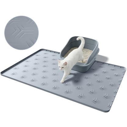 JUJOMAT Cat Litter Box Mat, 34"×22" Large Silicone Cat Litter Trapping Mat Non-Slip Gray Kitty Litter Mat for Indoor Cats, Waterproof Pet Food Mats Easy to Clean & Soft on Kitty Paws - size: 34"L x 22"W