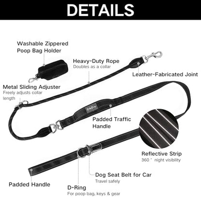6FT Heavy Duty Dog Leash for Small Medium Large Dogs, Tangle Free Reflective Dog Training Leash with Double Handle, Seat Belt Buckle & Poop Bag Holder (Black) - color: Black, size: 6FT
