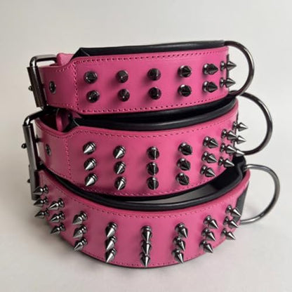 Luxury Leather Spike Dog Collar, Double-Layer Soft Cowhide, Punk Style for Medium and Large Dogs, Pit Bulls, Rowena (Pink,M-Neck 33-41cm) - color: Pink, size: M-neck 33-41cm