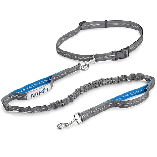 Tuff Mutt Hands Free Dog Leash for Walking Running Hiking, Waist Leash with Bungee, Adjustable Belt, Reflective Double Handle Design for Large Medium Dogs - color: gray/blue