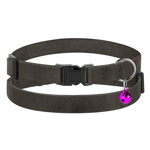 Breakaway Cat Collar Leather with Removable Bell - 13 Colors Available - Soft Adjustable Girl Boy Safety Lightweight Pet Kitten Collars Pink Brown Blue Green Red Orange Black (Graphite) - color: Graphite