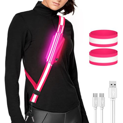 Ylzzrs LED Belt Reflective Sash for Walking at Night,High Visibility Adjustable Night Running Safety Gear,Light Up Running Belt Reflective Gear with Phone Bag/Armband for Runners Walkers Men Women - color: Pink