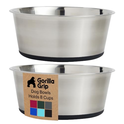 GORILLA GRIP Dog Bowls, Food Grade 304 Stainless Steel, Holds 8 Cups Each (64 fl oz) Food and Water Bowl for Feeding Dogs and Cats, Dishwasher Safe, Rust Resistant, BPA Free Rubber Base Set of 2 Black - color: Black, size: 8 Cup (64 Oz)