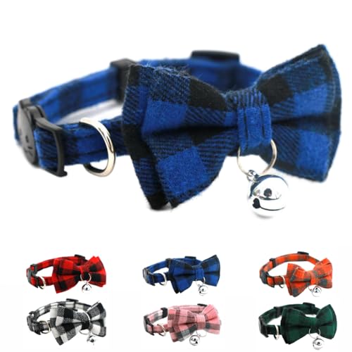 Blue Plaid Bow Dog Collar with Bell, Breakaway Cat Bell Collar with Bowtie Christmas Puppy Collars Boy for XXS Xs Small Tiny Little Pet Dogs Male Kitten, for Hoilday Birthday Party - color: Blue Plaid