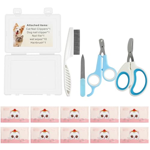 Pet Nail Clippers Kit for Cats and Dogs, Professional Grooming Set with Cat and Dog Nail Clippers, Nail File, Hairbrush, 10 Wet Wipes, Storage Case