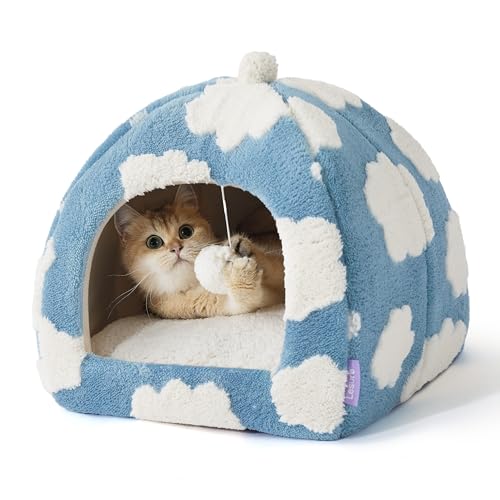 Lesure Cute Cat Beds for Indoor Cats - 2 in 1 Cat Cave Bed for Kittens and Small Pets with Removable Washable Cushioned Pillow, Cozy Kitten Tent with Non-Slip Bottom, Blue, 16 inches - color: Cozy Clouds Blue, size: 16"L x 16"W x 16"Th