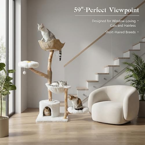 MUTTROS 59" Modern Cat Tree Tower for Large Cats w/2 Flower Perches-Natural Solid Wood Scratching Post with Real Branch-Luxury Boho Cat Furniture w/Condo & Wicker Basket Bed, Cloud White - color: Cloud White, size: 59" Solid Wood Cat Tree
