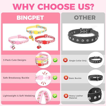 BINGPET Breakaway Cat Collar with Bell, 3 Pack Cat Collars for Girl Cats, Cute Kitty Collars Accessories with Pineapple & Cherry & Strawberry - color: Fruit-3pcs