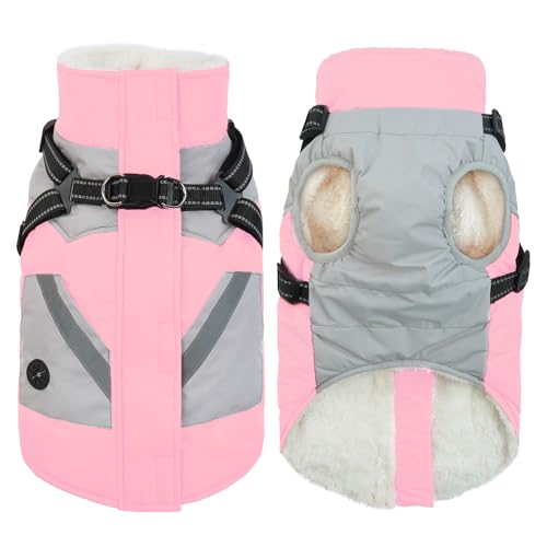 IECOii Dog Winter Jacket for Small Dogs, Waterproof Dog Coat with Harness Built in, Windproof Reflective Zip Up Fleece Jacket for Dogs, Puppy Thermal Warm Snowsuit for Cold Weather, Pink, S - color: Pink, size: Small(Chest:17.3 in)