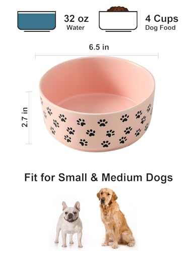 UBEE 6.5 inch Dog Bowls Set of 2, Ceramic Dog Food Water Bowl Dishes with Paw Pattern, Pet Food Water Dish Feeding for Small and Meidum Dogs and Large Cat, Pink - color: Pink-paw, size: 6.5 inch x 2