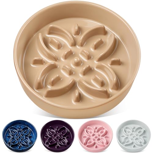 vancasso Ceramic Slow Feeder Dog Bowls, Puzzle Dog Food Bowls with Floral Maze, Anti -Slip Pet Food Dish for Large Breed, 3 Cups, Brown - color: Brown, size: L-3 Cups