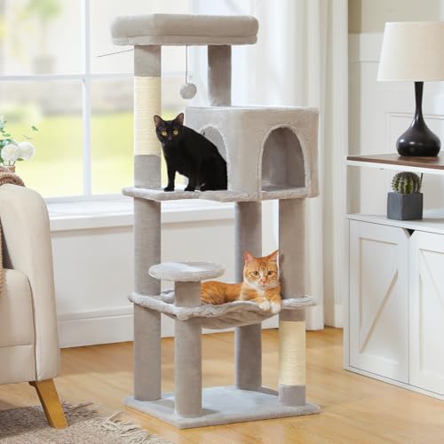 MUTTROS Cat Tree for Indoor Cats, 44.5" Multi-Level Cat Tower with Large Metal Frame Hammock, Cat Condo with 2 Scratching Posts and Top Perch for Small to Medium Cats, Grey - color: Grey, size: 44.5in