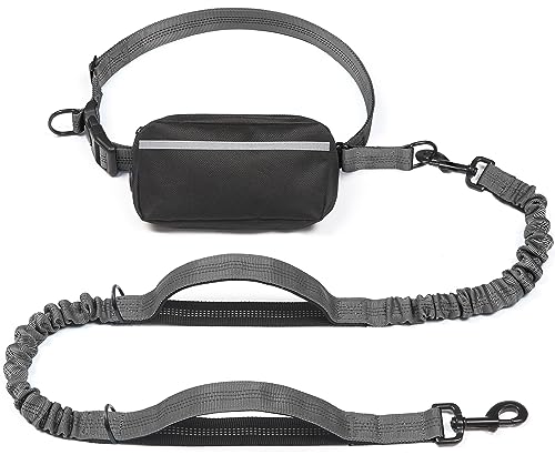 iYoShop Hands Free Dog Leash with Zipper Pouch, Dual Padded Handles and Durable Bungee for Walking, Jogging and Running Your Dog (Large, 25-120 lbs, Grey) - color: Grey, size: Large