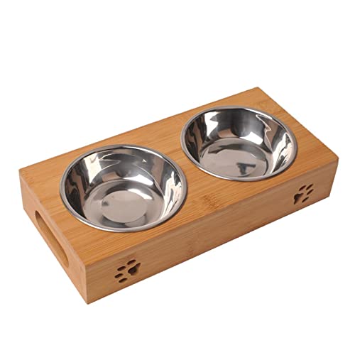 Dog Feeding Mats Pet Cat Bowl Bear Bamboo Plate Double Natural Durable Safety Wood Stainless Steel Dog Utility