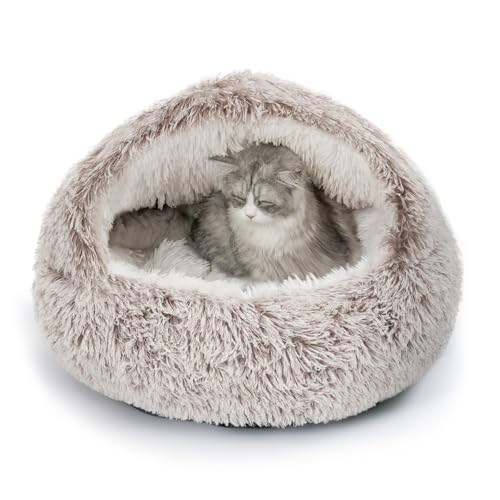 CATISM Plush Hooded Cat Bed, Calming Nest, Self-Warming Cave, Cozy Pod for Indoor Cats or Small Dogs, Removable Washable Cove With Non-Slip Bottom - color: coffee, size: 21.0"L x 21.0"W x 15.0"Th