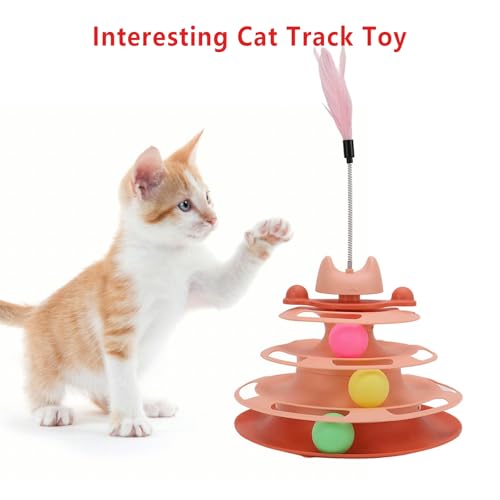 Cat Ball Track Toys, Creative Feather Toy, consisting of 3 Balls and a Feather Stick, Tower-Shaped cat Intelligence Toy, Suitable for Chasing Games with Kittens. (Pink) - color: Pink