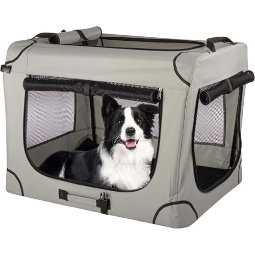 Soft Dog Crate - 32x23.25x23 Collapsible Dog Crate for Medium Pets - Portable Travel Pet Crate with 3 Doors, Mesh Windows, and Removable Divider - Travel Accessories by PETMAKER (Gray) - color: Gray