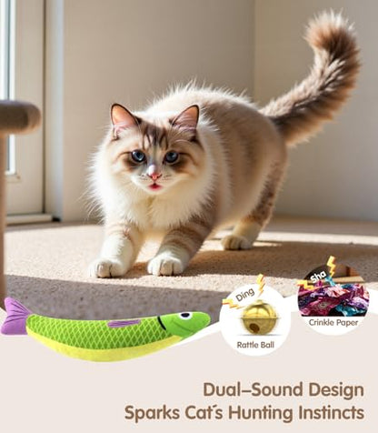 PetBusy Cat Toys with[5000mg A+Natural Catnip &Silvervine] [Baby Grade] Interactive Soft Chew Kicker Cat Toys for Indoor Cats & Kittens, [Crinkle &Bell] Fish Sound Toy, Drives Bored Cat Crazy with Fun - color: Red+Green+Yellow