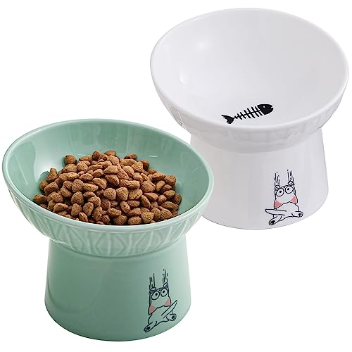 6.5 Inch Extra Wide Elevated Cat Bowls, Ceramic Raised Tilted Cat Bowl for Food and Water, Porcelain Pet Feeder Dishes for Cats & Dogs, Whisker Fatigue, White & Green - color: White & Green