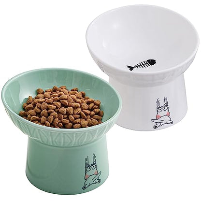 6.5 Inch Extra Wide Elevated Cat Bowls, Ceramic Raised Tilted Cat Bowl for Food and Water, Porcelain Pet Feeder Dishes for Cats & Dogs, Whisker Fatigue, White & Green - color: White & Green