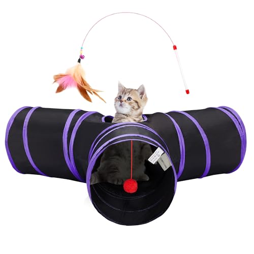 Tempcore Cat Tunnel for Indoor Cats, 3-Way Collapsible Play Tunnel with Teaser Wand, Peek Holes & Toy Ball, Small Pet Toy for Kittens & Rabbits, Black & Purple - color: 3-Way Black&Purple, size: 3-way