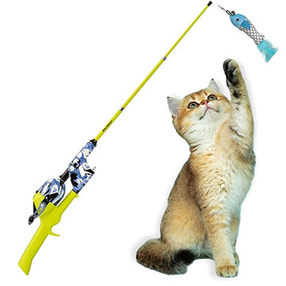 Kid Casters Cat Caster Fishing Pole Toy for Cats – Tangle-Free 29" Casting Rod, Up to 80 ft of Line – Includes 1 Soft Toy + 2 Plastic Fish – Compact, Easy to Store, Cat Camo