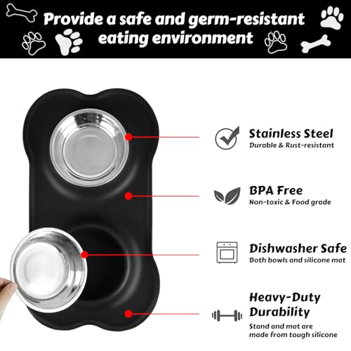 Dog Food Bowls Stainless Steel & Water Dish with No-Spill and Non-Skid, Feeder Bowls with Dog Food Dish for Small Medium Large Size,Dogs,Cats,Puppy Pets, Black, 12oz - color: Black, size: 1½ Cup/12 oz each