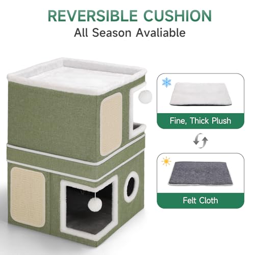 2-Storey Cat House for Indoor Cats, Separate Into 2 Large Cat Bed Cave with Hideaway Condos, Scratch Pads, Hanging Balls, Foldable Indoor Cat House, Cat Cube for Multiple Cats Kitten, Green - style: Green