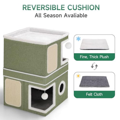 2-Storey Cat House for Indoor Cats, Separate Into 2 Large Cat Bed Cave with Hideaway Condos, Scratch Pads, Hanging Balls, Foldable Indoor Cat House, Cat Cube for Multiple Cats Kitten, Green - style: Green