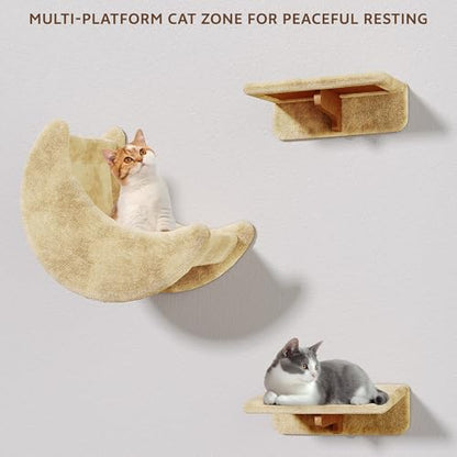 13-in-1 Cat Wall Shelves, Wall Mounted Cats Furniture Set with Plush Fabric, Cat Climbing Wall Systems, Cats Shelf with Moon Hammock, Condo, House, Step, Bridge Ladder, Scratching Post, Beige - color: Beige, size: 13-in-1