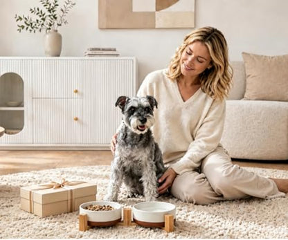 MALACASA Ceramic Dog Bowls Set with Wood Stand, 3.5 Cups Pet Bowls for Medium Dogs with Non-Slip Base, Large Puppies, Cats, Retrievers, ect.Pet Food & Water Basic Bowls Set, Weighted Glaze Matte.34 OZ - color: Vanilla White（2 PCS with Stand）, size: M-3.5