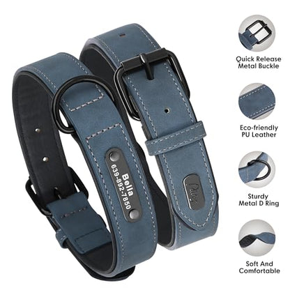 Didog Custom PU Leather Dog Collars with Personalized Engraving Nameplate,Personalized Padded Dog Collars Engraved for Medium Large Dogs,Blue,XL Size - color: Blue, size: XL: Fit 17-21"Neck