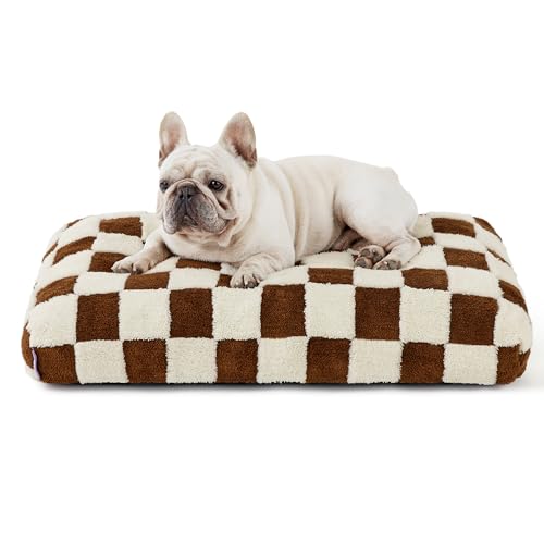 LE SURE Dog Beds Medium Size-Thick Shredded Chopped Foam Pet Bed as Gift for Indoor with Removable Cover, Cute Modern Fuzzy Plush & Anti Slip Bottom, Brown - color: Brown Checks, size: 30.0"L x 20.0"W x 4.0"Th