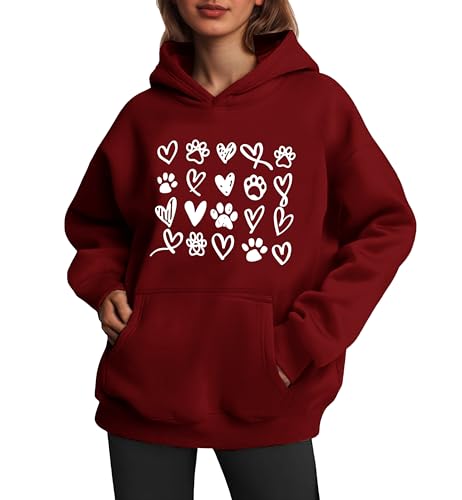 Womens Dog Paw Hoodie-Long Sleeve Pullover Fleece Lined Dog Mom Sweatshirts with Pocket - color: A-dark Red, size: Medium