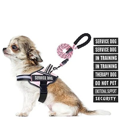 Service Dog Vest Harness and Leash Set, Animire in Training Dog Harness with 10 Dog Patches, Reflective Dog Leash with Soft Padded Handle for Small, Medium, Large, and Extra-Large Dogs (Pink,XS) - color: Pink, size: XS