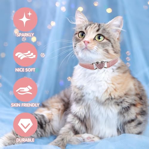 BINGPET 2 Pack Diamond Cat Collar with Bells and Safety Belt, Adjustable Soft Velvet Kitten Collar with Bling Heart Jewelry, Cute Purple & Pink Cat Collars for Girls & Boys(Neck Girth 8"-10") - color: Pink & Purple(Heart), size: Neck Girth 8"-10"
