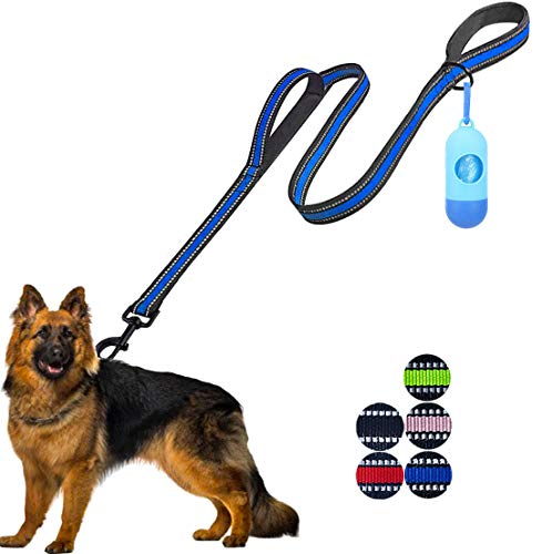 JSXD Heavy Duty Double Handle Dog Leash - 5 FT with Comfortable Padded and Reflective Rope, Suitable for Small, Medium, Large Dogs (Wide-Blue) - color: Wide-Blue