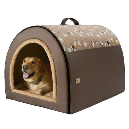 Jiupety 2 in 1 Dog House Indoor, Comfy Cave Bed Covered Dog Bed, Portable House for Large Dogs, 3XL(39"×32"×28"), Up to 90 Lb, Brown - style: 3XL